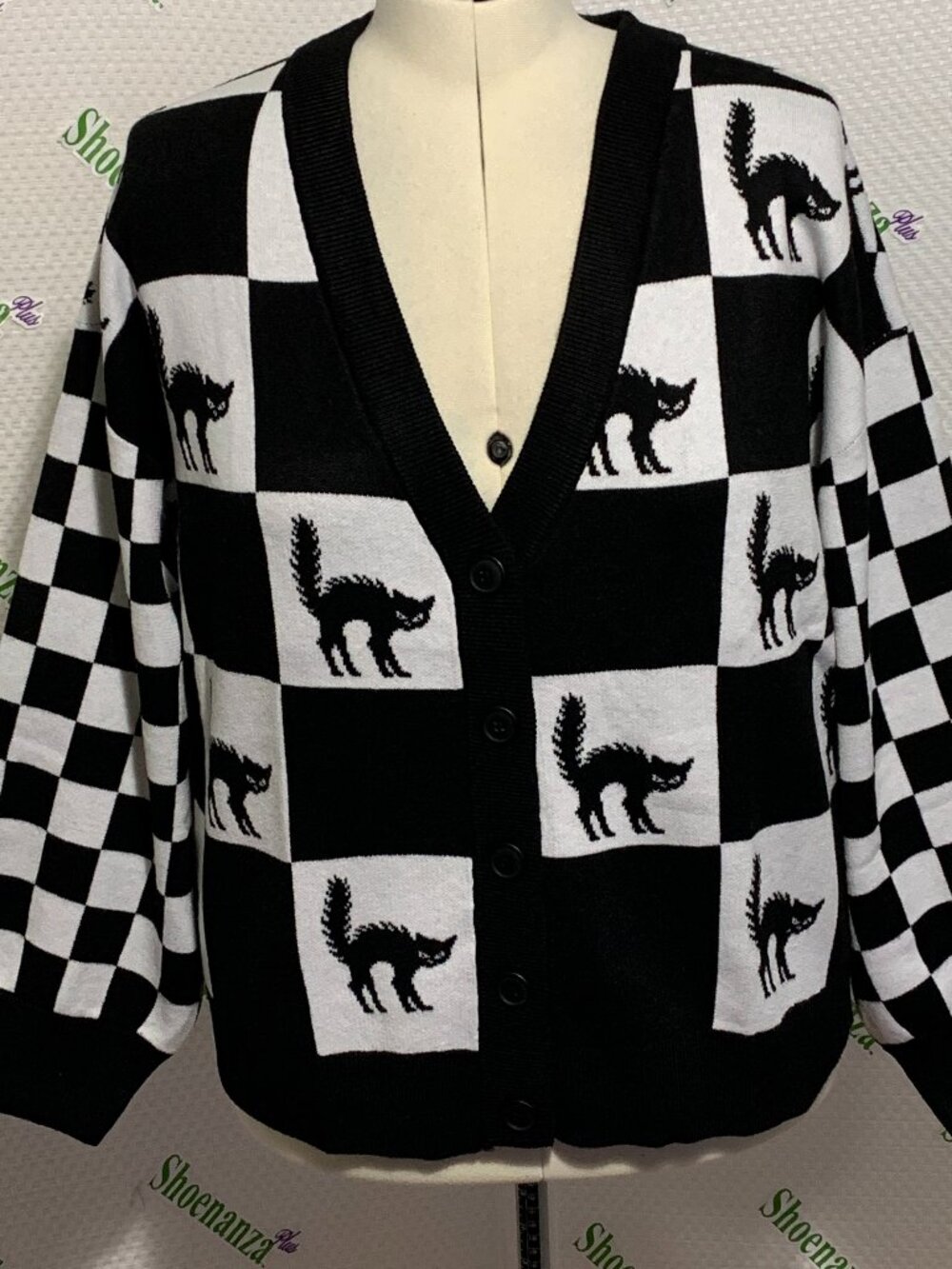 Torrid Sweater Cardigan Halloween Black Cat Checkered Jacquard Luxe Plus 6 30